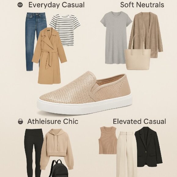 Women’s Perforated Faux Leather Sneakers Beige Upper White Sole Casual Comfort - Picture 7 of 7